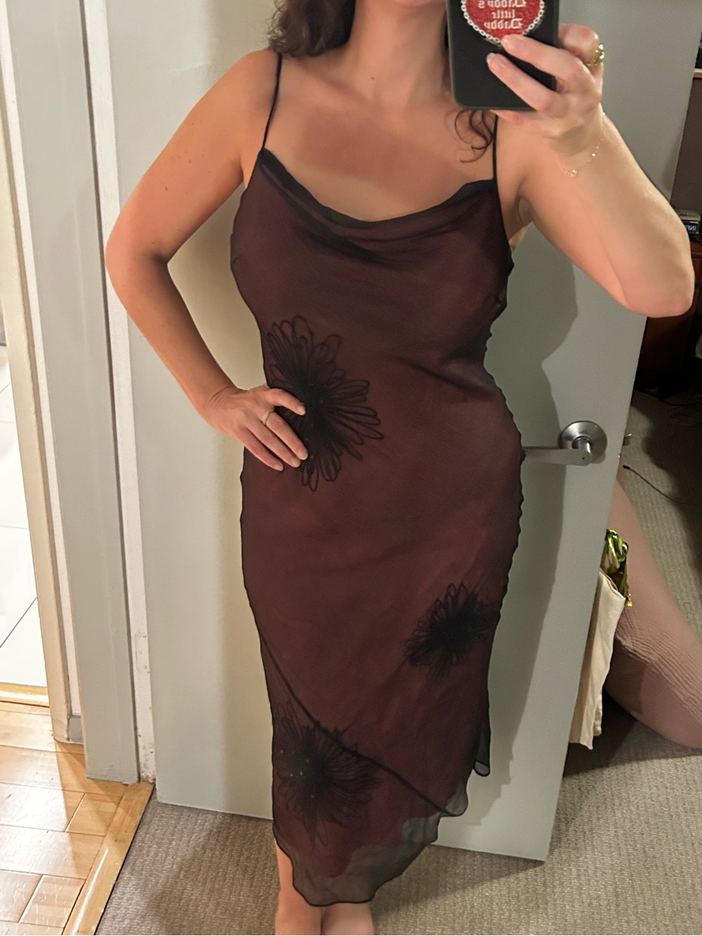 Vintage Silk Laundry By Shelli Segal Brown Sheer Floral Midi Slip Dress
